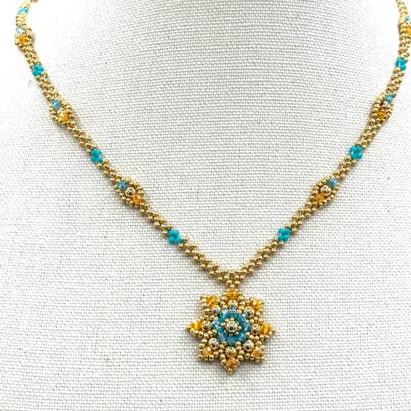 Hand Crafted Gold and Blue Floral Pendant Necklace - Picture 10 of 10